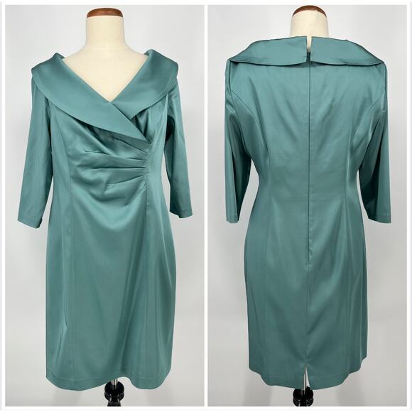 Kay Unger Satin Cocktail Dress Plus Size 14 Green Shawl V Neck Ruched 3/4 Sleeve - Picture 1 of 10